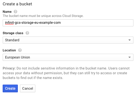 Google Cloud Platform console create bucket popup
