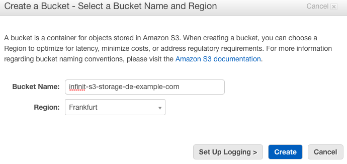 AWS Management Console create bucket popup