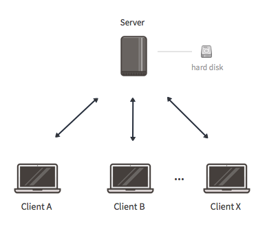Illustration of a centralized infrastructure i.e. a single server without redundancy